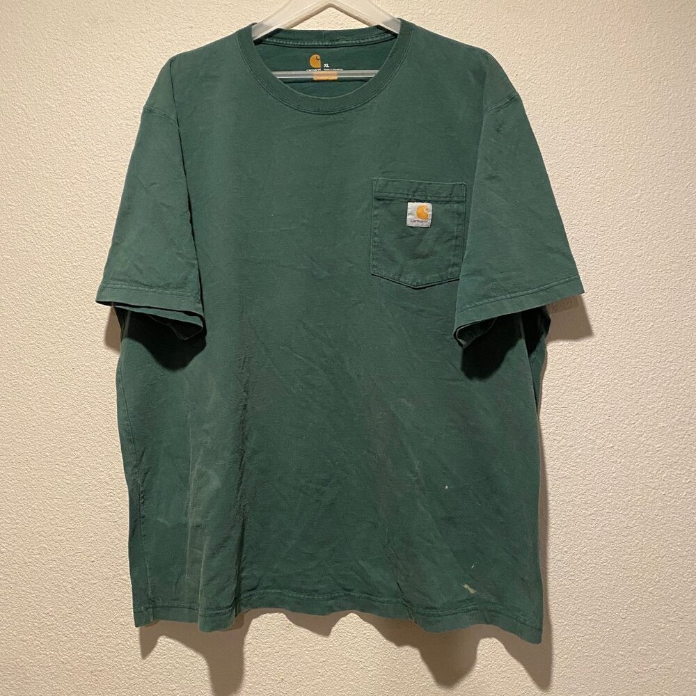 Carhartt Green Pocket T-Shirt XL Workwear Short Sleeve Distressed Flaws